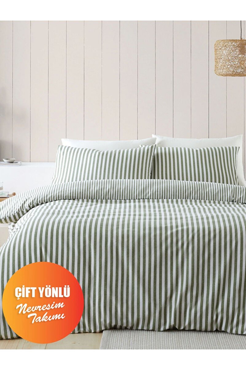 CAQQA Datça Boutique Çizgili Pamuk Çift Kişilik Nevresim Takımı