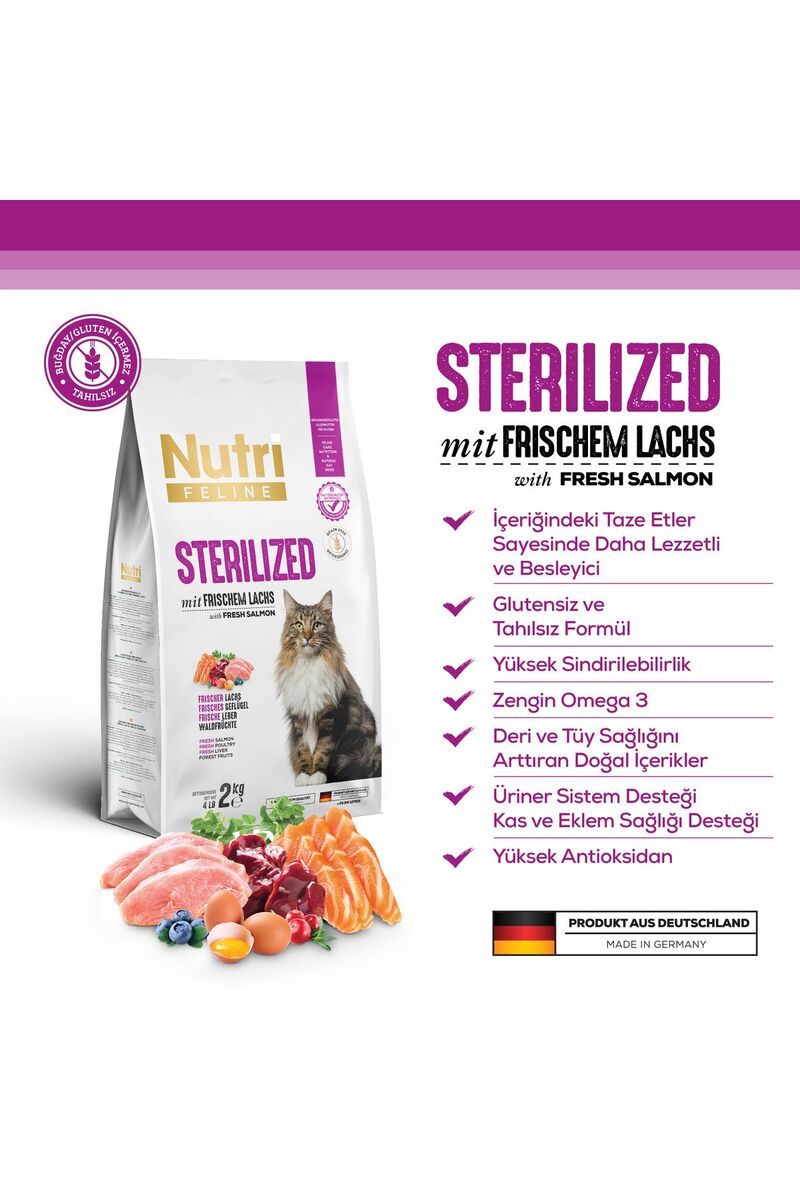 nutrifeline Sterilized - Taze Somonlu, Glutensiz ve Tahılsız Kısırlaştırılmış Kedi Maması 2 Kg