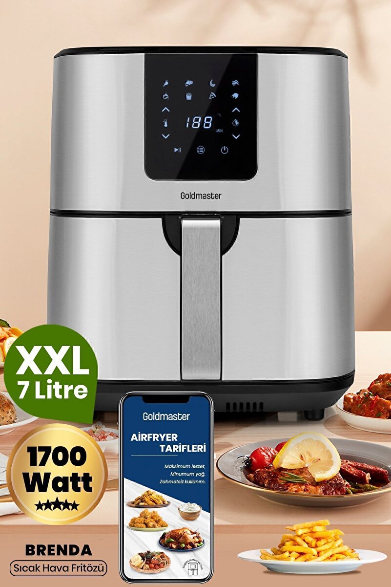GOLDMASTER Brenda 7 Litre Inox Geniş Hazneli Xxl Dokunmatik 8 Ön Ayarlı Airfryer Sıcak Hava Fritözü