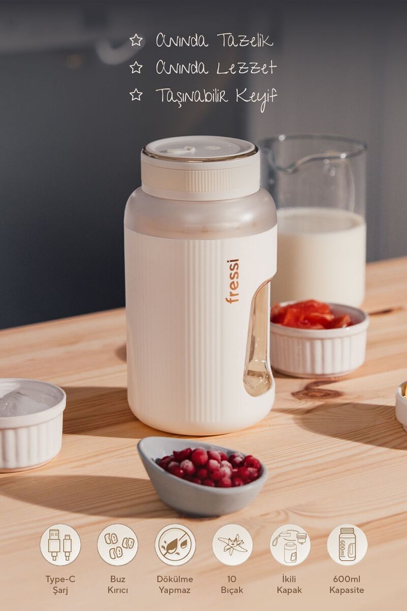 Fressi Kişisel Smoothie Blender Taşınabilir Şarjlı Öğütücü Fonksiyon Krem Smothie Blendır 80w 600ml Fr-bl07