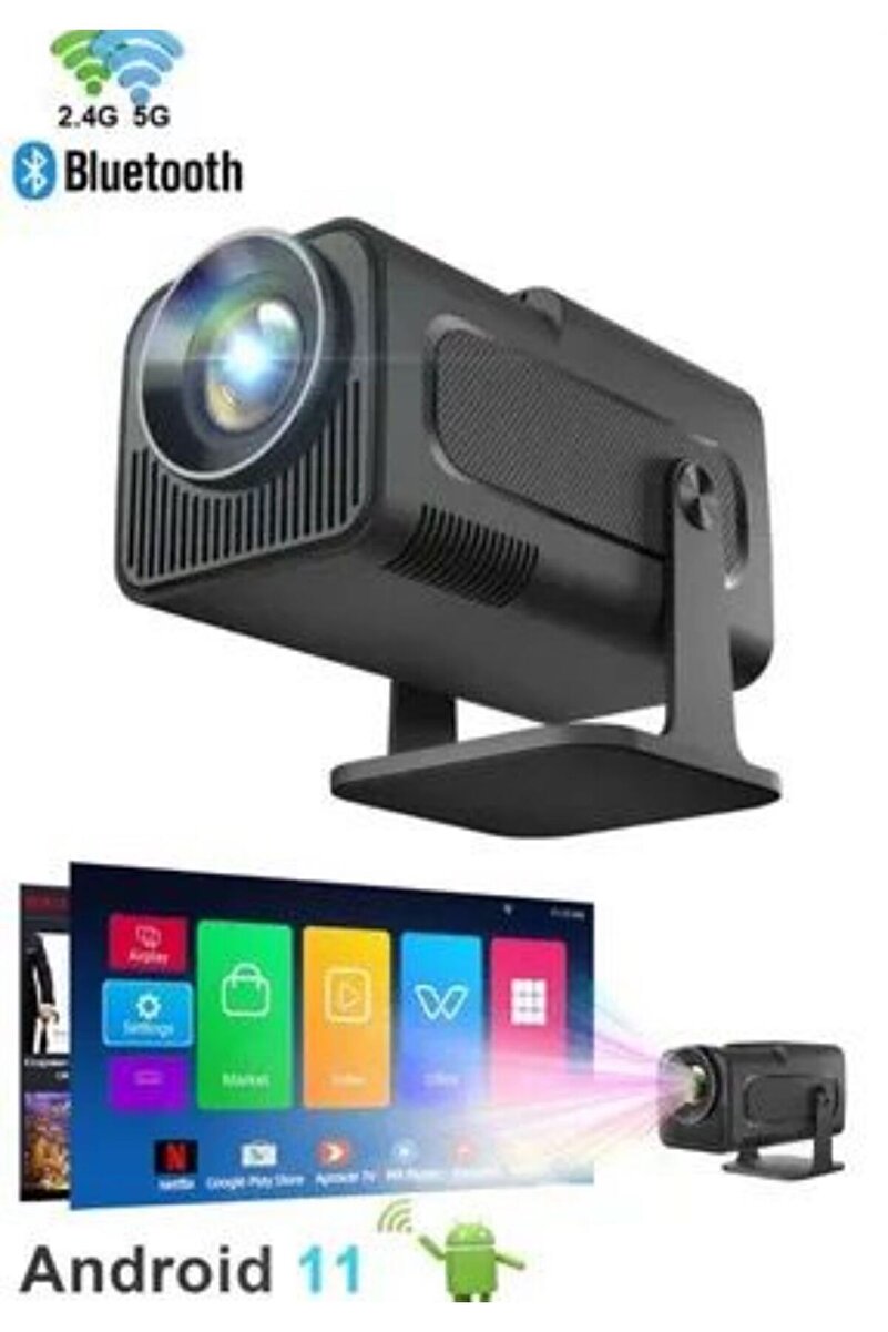 LENSUN Hy320 Mini Siyah Taşınabilir Sinema Projektörü 4k 720p Ev Sineması Bluetooth Android Projeksiyon
