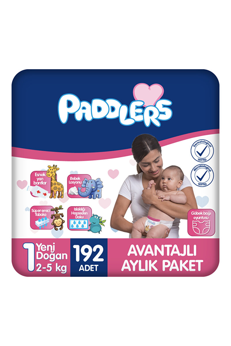 Paddlers Yenidoğan Bebek Bezi 1 Numara (2-5 Kg) 192 Adet – Aylık Paket, Hassas Ciltlere Uygun