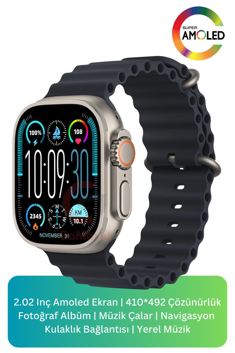 GoMarkt HK10 Ultra 3 49mm Akıllı Saat Gümüş Kasa Siyah Kordon Ekstra Kordon Hediyeli