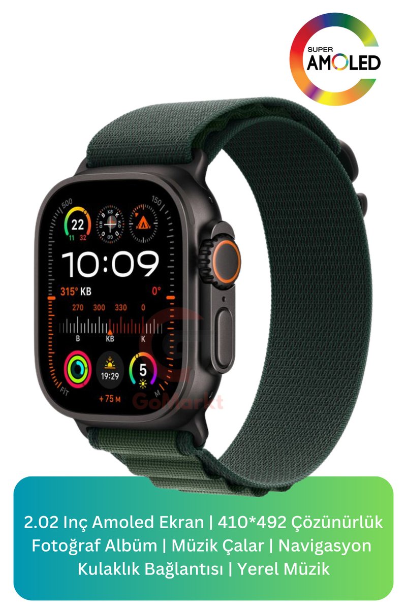 GoMarkt HK10 Ultra 3 49mm Akıllı Saat Siyah Kasa Yeşil Bez Kordon Ekstra Kordon Hediyeli