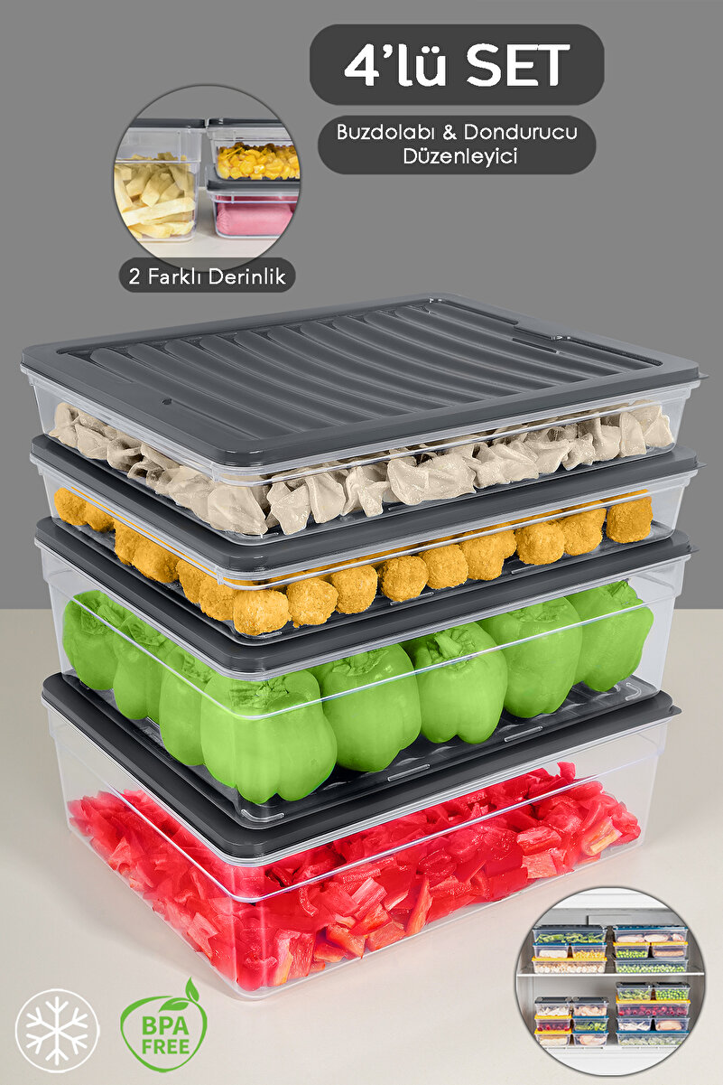 Meleni Home 4'lü Buzdolabı Düzenleyici Organizer Set Saklama Kabı Derin Sığ Mikrodalga Difriz Kabı XL Antrasit
