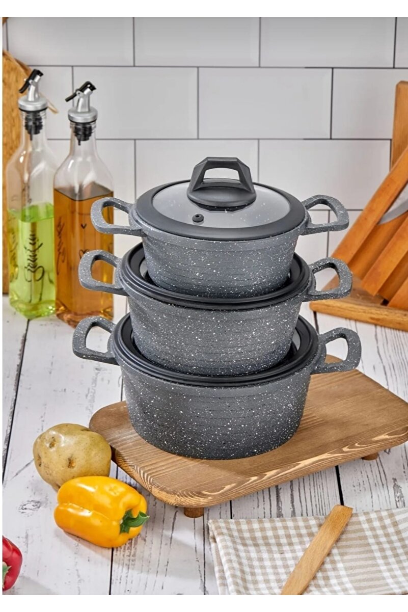 Esta Döküm Granit 6 Parça Silikon Kapaklı Tencere Takımı – Dayanıklı ve Yapışmaz 16-18-20 CM