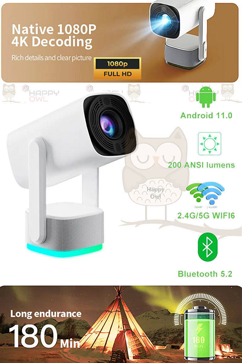 Happy Owl Android 11 Şarjlı Projeksiyon 1080p 200 AnsiLümen Akıllı Taşınabilir Projektör 4K Projeksiyon Cihazı