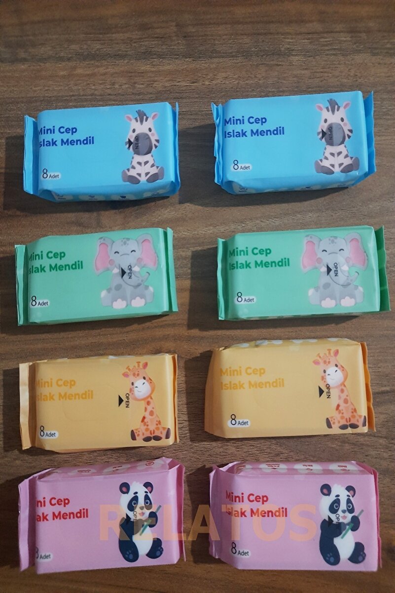 ellahomedekor 8li Çanta Tipi Taşınabilir Mini Cep Tipi Islak Mendil (PANDA-ZEBRA-FİL-ZÜRAFA)