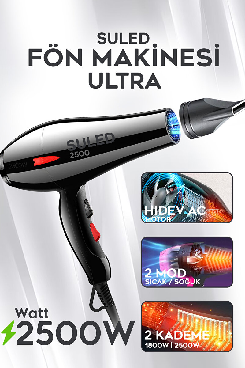 SULED Ultra Saç Kurutma ve Fön Makinesi 2500W Sıcak - Soğuk 2 Kademeli Ev Berber Pet