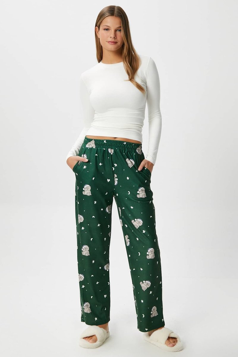 Kadın Teddi Ultra Yumuşak Cepli Yeşil Ayıcık Desen Yılbaşı Pijama Altı