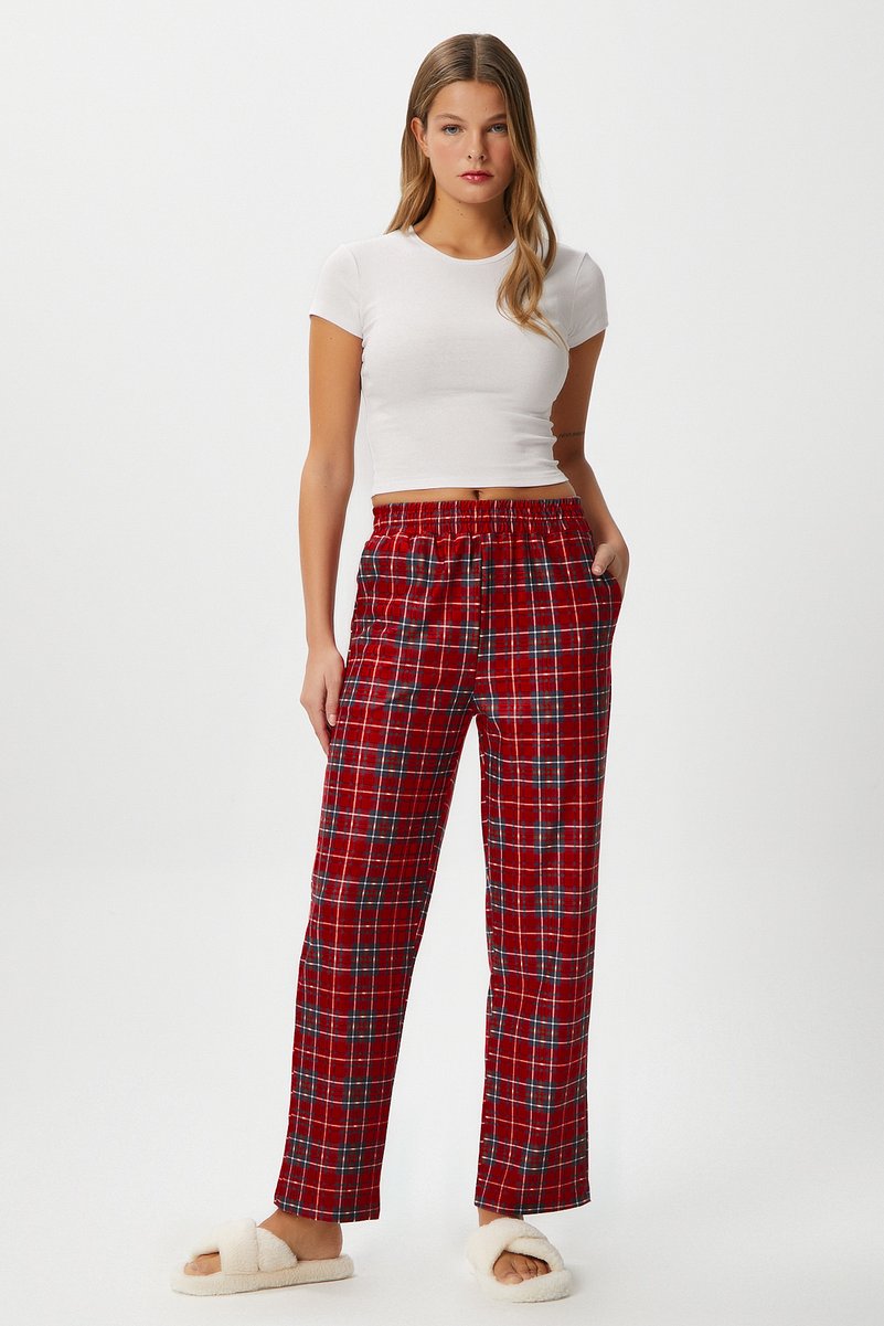 Kadın Teddi Ultra Yumuşak Cepli Kırmızı Ekose Desen Yılbaşı Pijama Altı