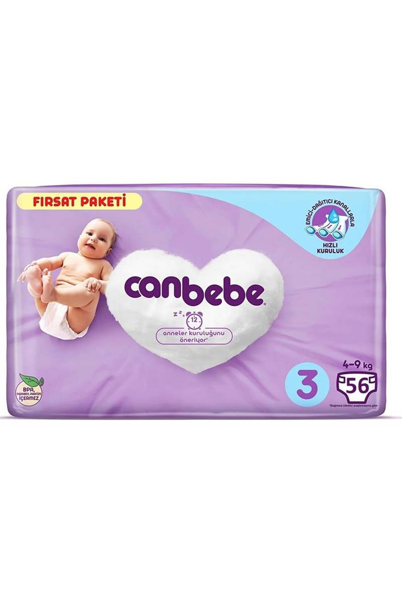 Canbebe Bebek Bezi Fırsat Paketi 3 Beden Midi (4-9 KG) 56 Adet
