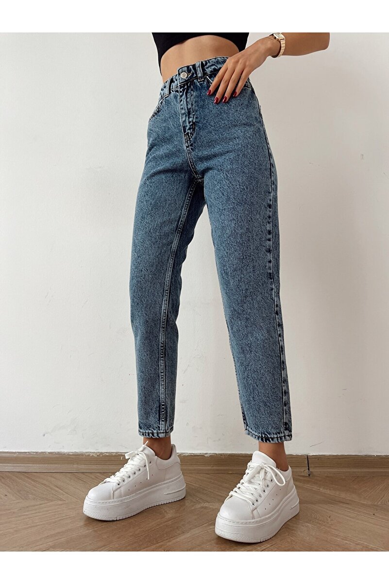 Dilber Indigo Orta Kar Mavi Mom Jean Yüksek Bel Detay Boyfriend Kot Mavi Jeans