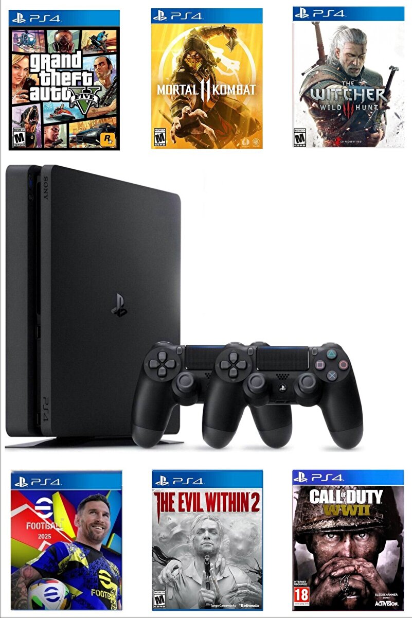 Sony Playstation 4 Slim Kasa 1 TB+yenilenmiş+2. Ps4 Kol+GTA 5 Dahil 6 Dijital Oyun (Cdsiz Sadece Dijital)