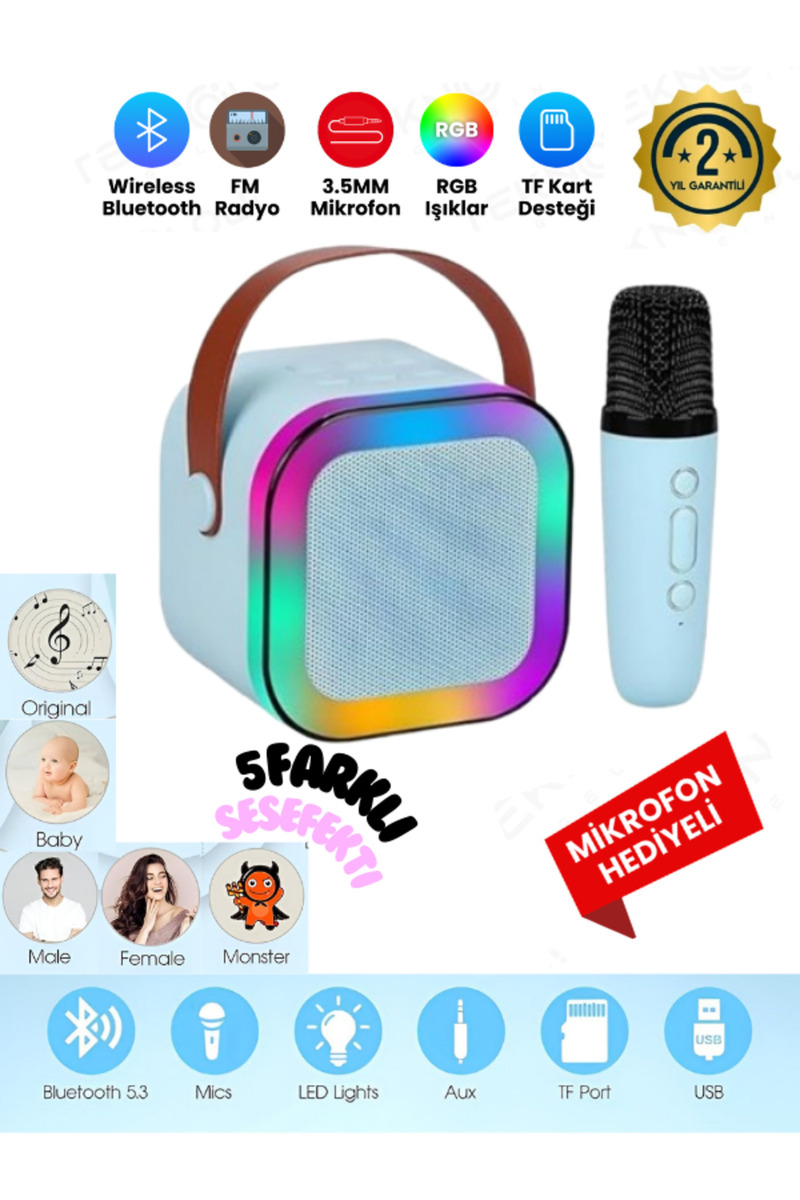 Teknoloji Gelsin K12 Kablosuz Bluetooth Hoparlör Karaoke Mikrofon 5 Ses Efektli Rgb Hd Stereo Ses Usb/Sd/FM