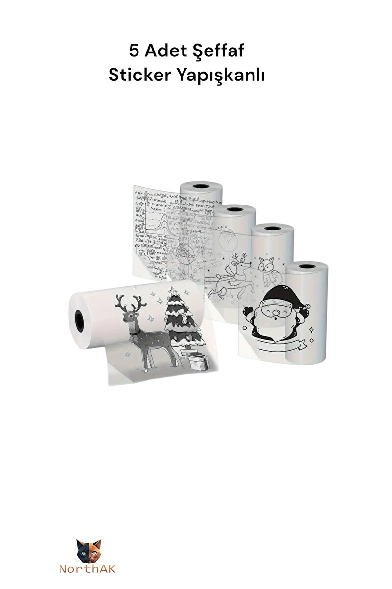 NorthAK 5 Adet Şeffaf Sticker Mini Yazıcı Rulosu Yapışkanlı 57x25mm