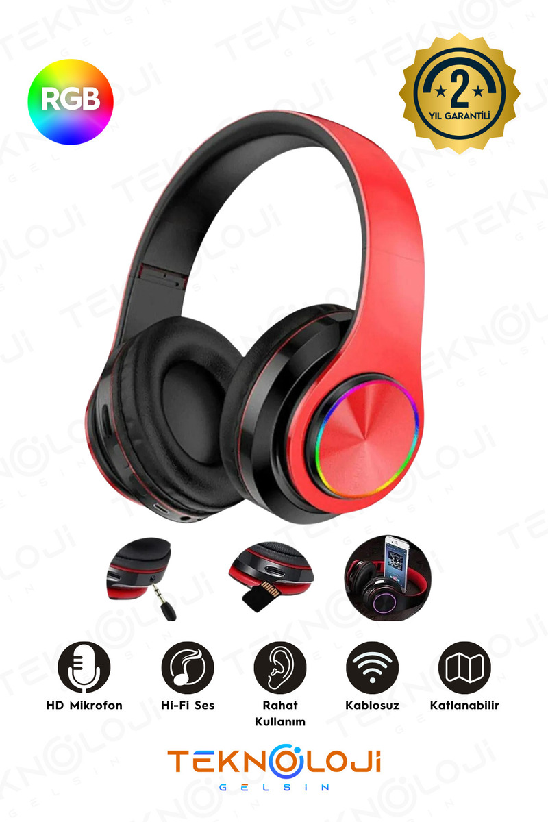 Teknoloji Gelsin Kablosuz Kulaklık Bluetooth Mikrofonlu Kulaküstü Kulaklık Led Işıklı Katlanabilir Kırmızı