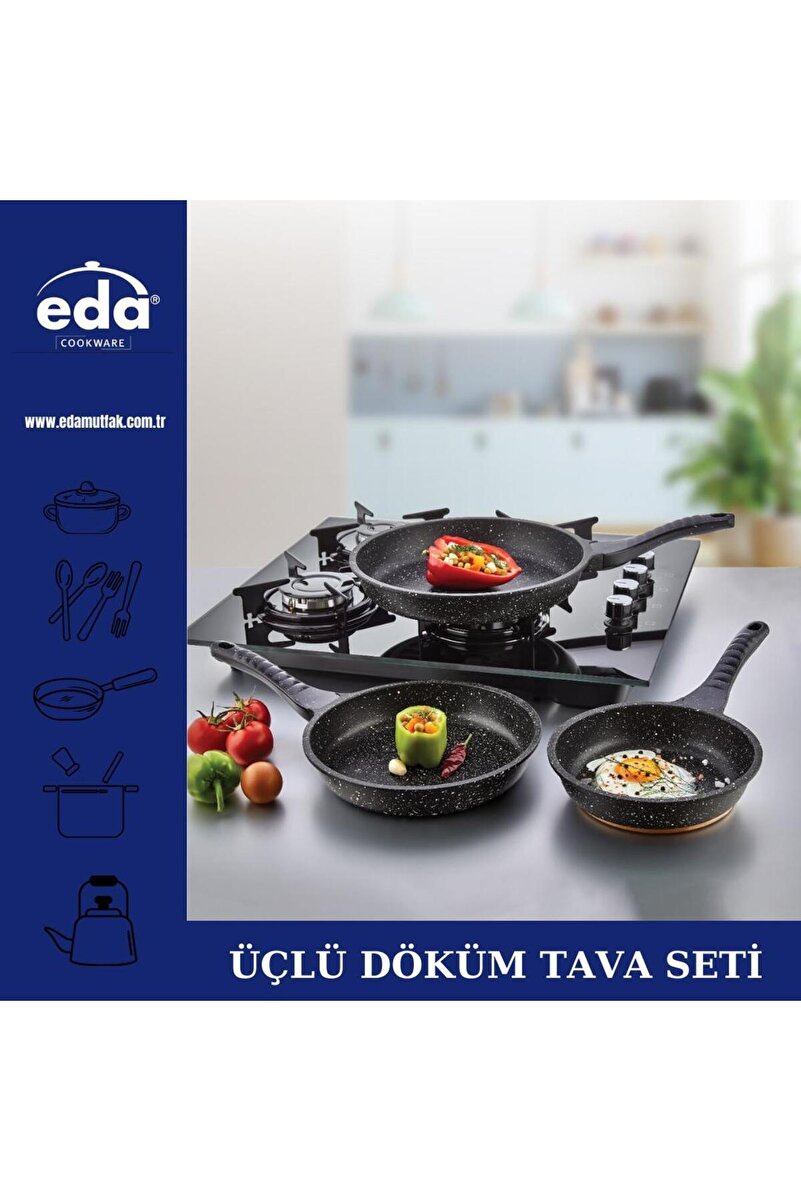 Eda Granit Döküm 3'lü Tava Seti Gri 20-24-28 Cm