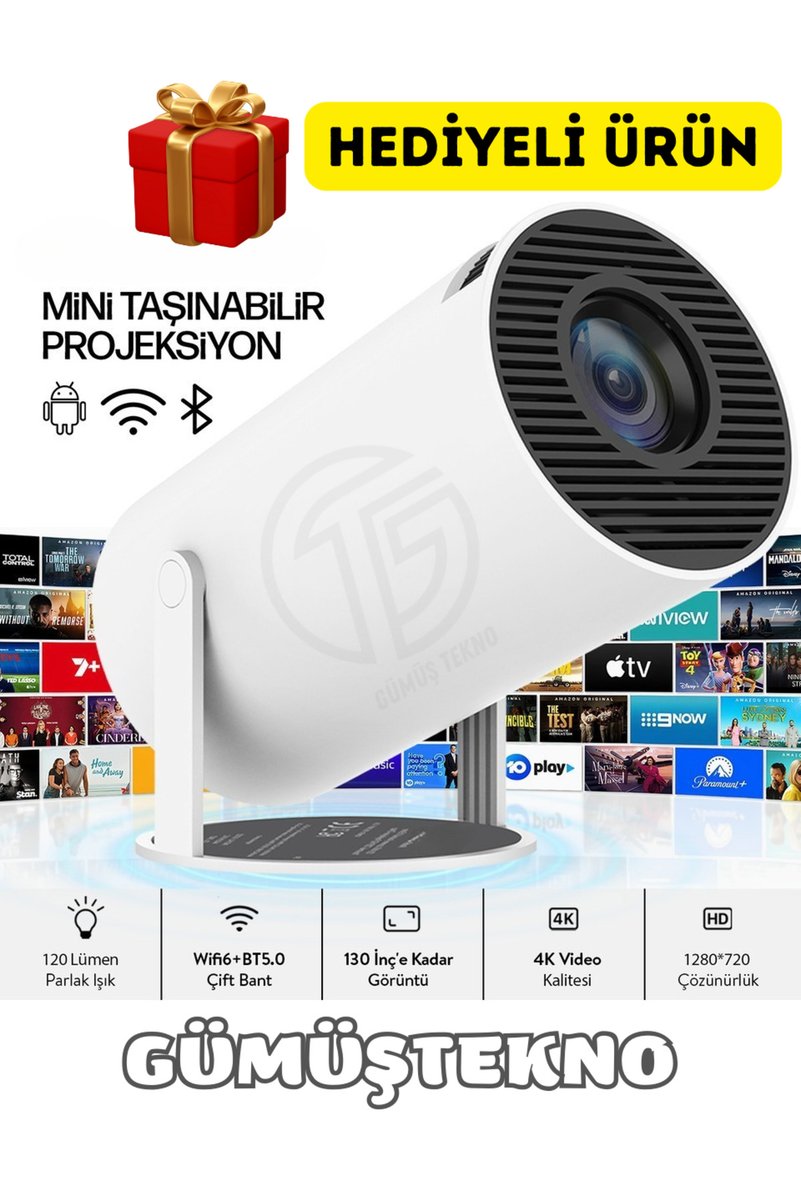GÜMÜŞTEKNO Taşınabilir HD Projeksiyon – Android TV, Kablosuz Ekran Yansıtma, Bluetooth, HDMI, USB Hediyeli