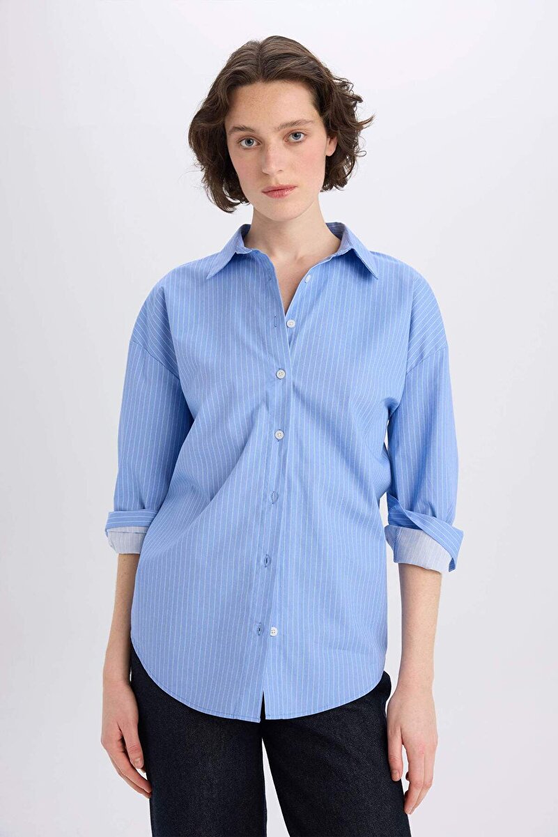 %100 Pamuk Oversıze Çizgili Poplin Gömlek W7702AZ25SP