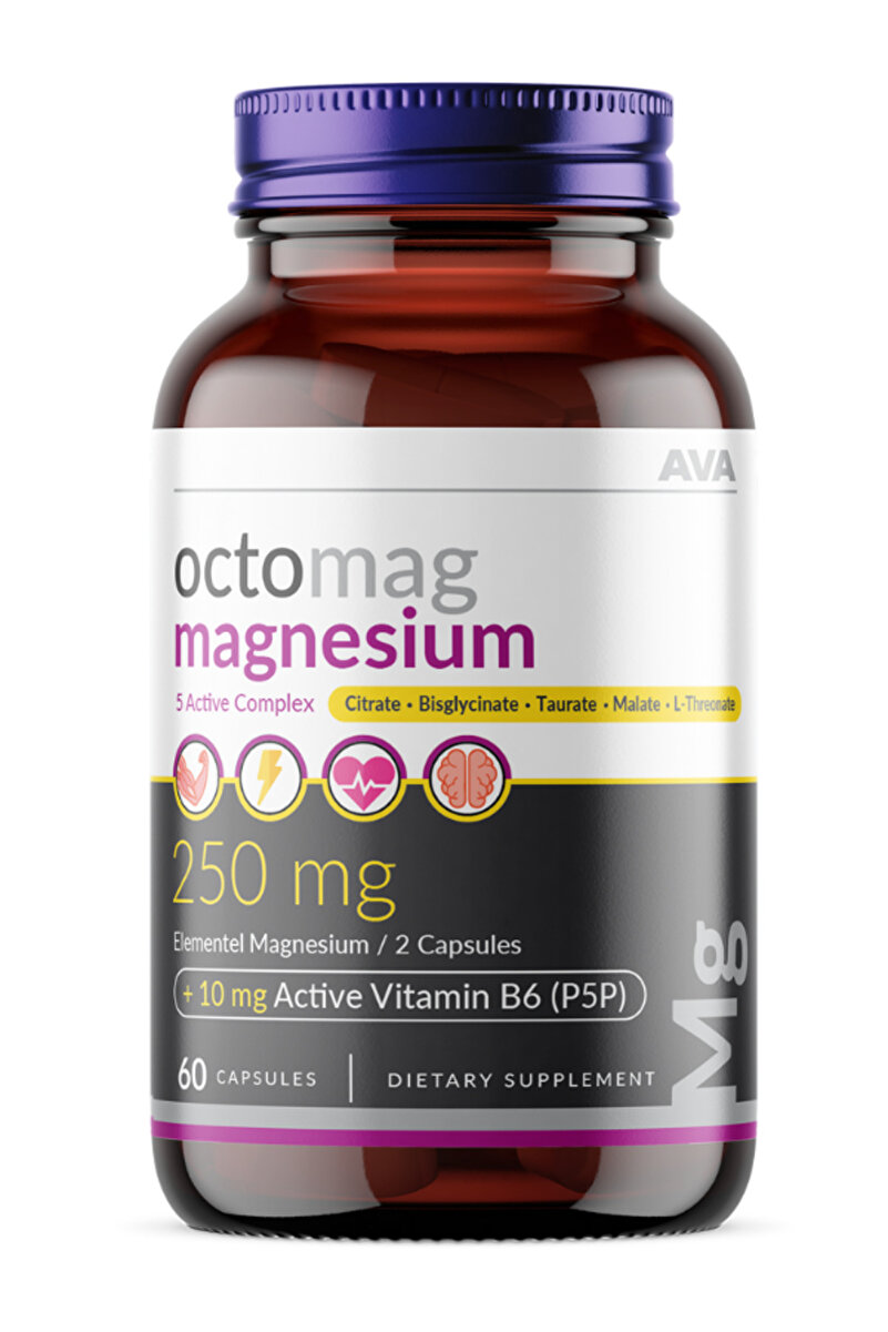 Octomag X5 Ava Magnezyum 250mg Complex 60 Bitkisel Kapsül Malat Sitrat Taurat Bisglisinat Treonat B6 Vitamin