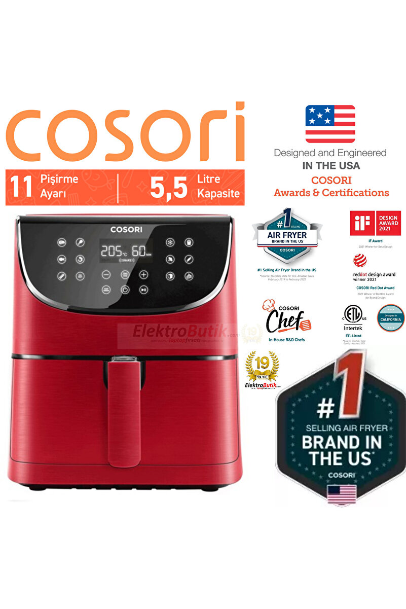 COSORI Sıcak Hava Fritözü 5,5l Xxl Fritöz Sıcak Hava Fritözü Dijital Led Dokunmatik Ekranlı,kırmızı