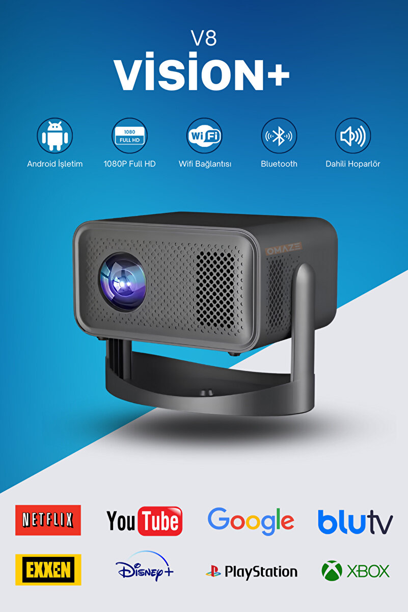 Omaze V8 Vision Android Taşınabilir Sinema Projeksiyon Wifi Destekli En Güncel Sürüm Akıllı Projektör