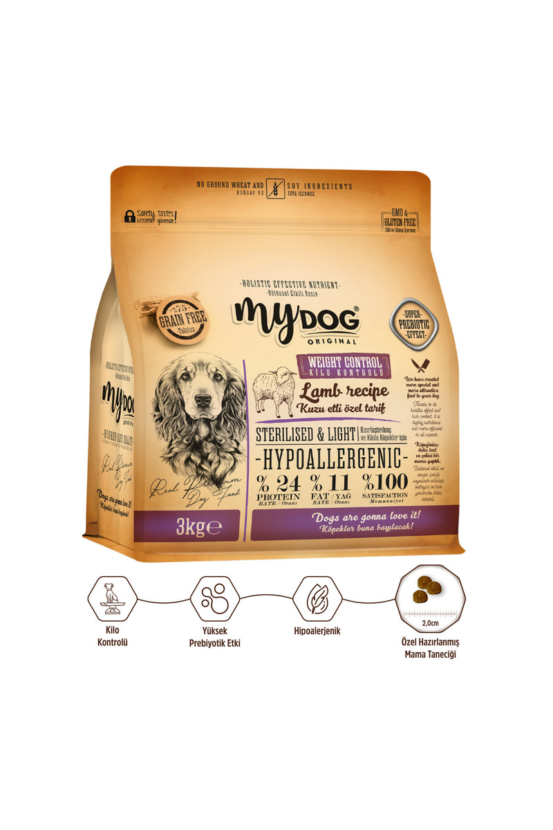 mydog Original Az Tahıllı Kuzu Etli Diyet & Kısır Köpek Maması 3kg
