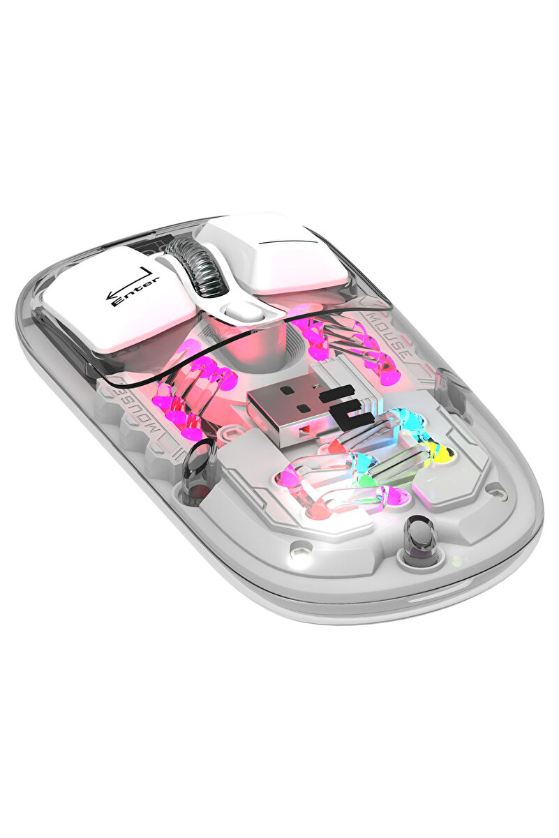Everest OPAL Şarj Edilebilir Sessiz Beyaz Transparan RGB 2in1 2BT ve 2.4GHz Kablosuz Mouse