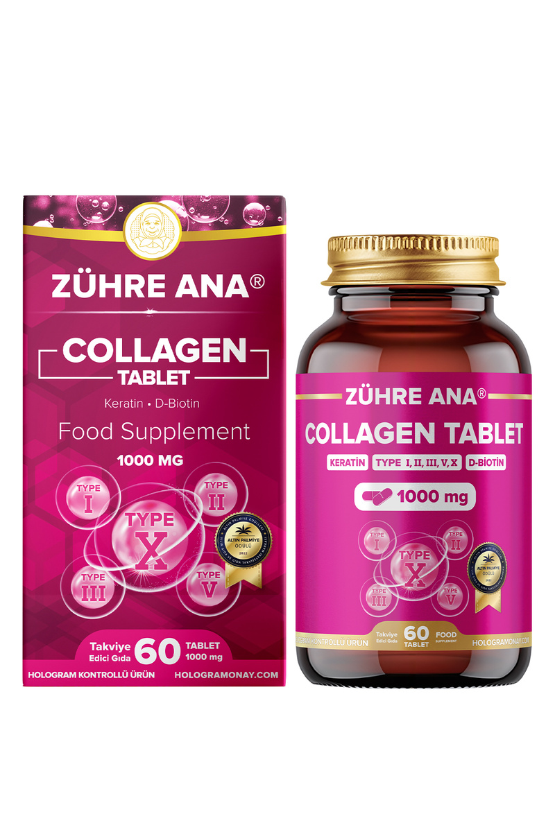 Zühre Ana 5 Tip Hidrolize Kolajen Tip 1, Tip 2, Tip 3, Tip 5, Tip 10 Ve Collagen, Keratin, Biotin 60 Tablet