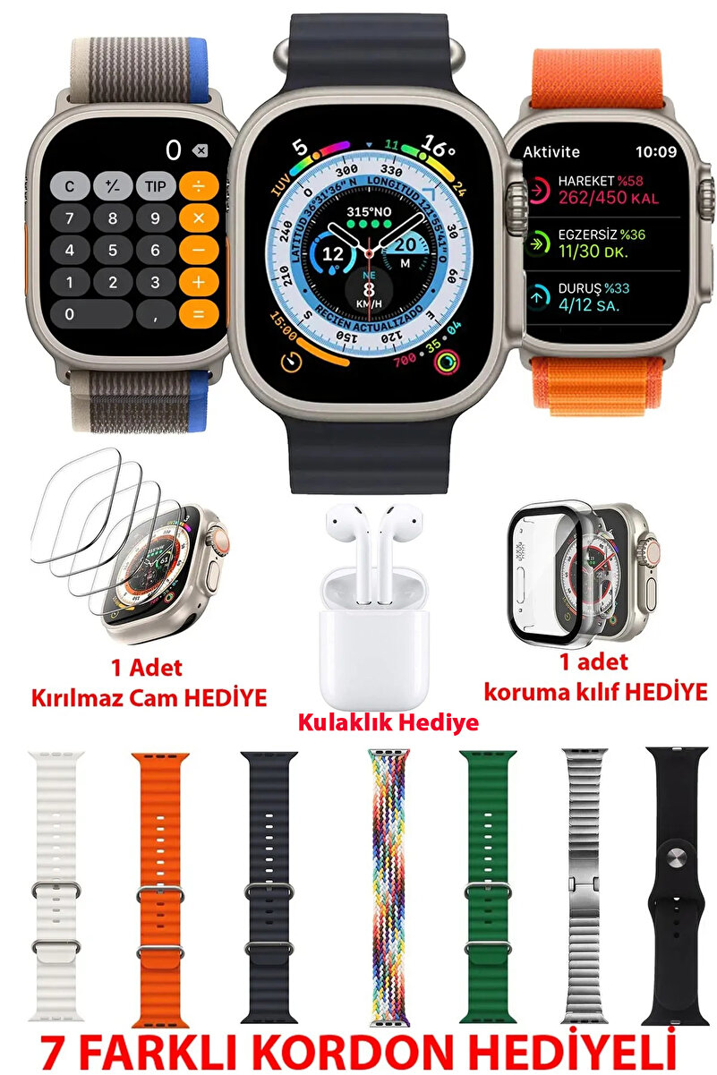 TECHNOMEN Akıllı Saat Y60 Ultra Plus 7 Kordon Hediye,Kulaklık, Kasa Koruma Kırılmaz Cam Smart Watch