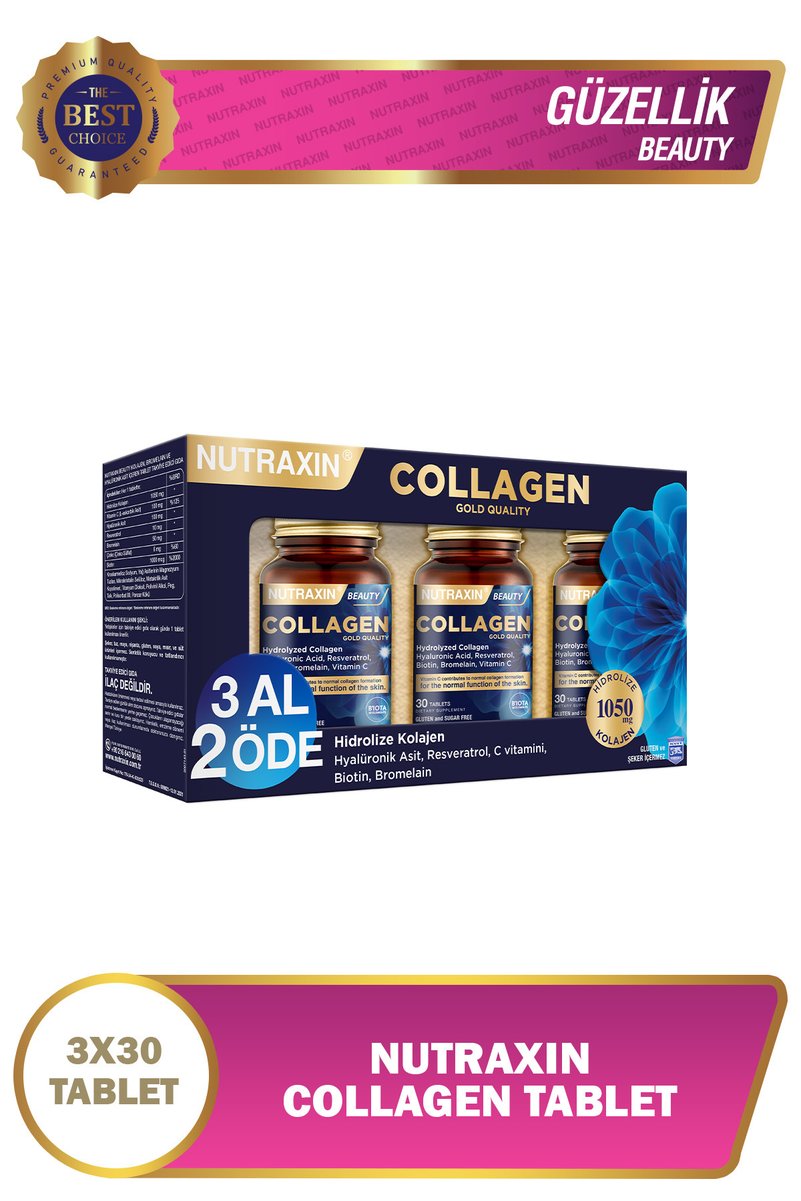 Nutraxin Hidrolize Kolajen 1050 Mg 3x30 Tablet Tip1 Tip3 Resveratrol Bromelain Biotin Hyalüronik asit Çinko