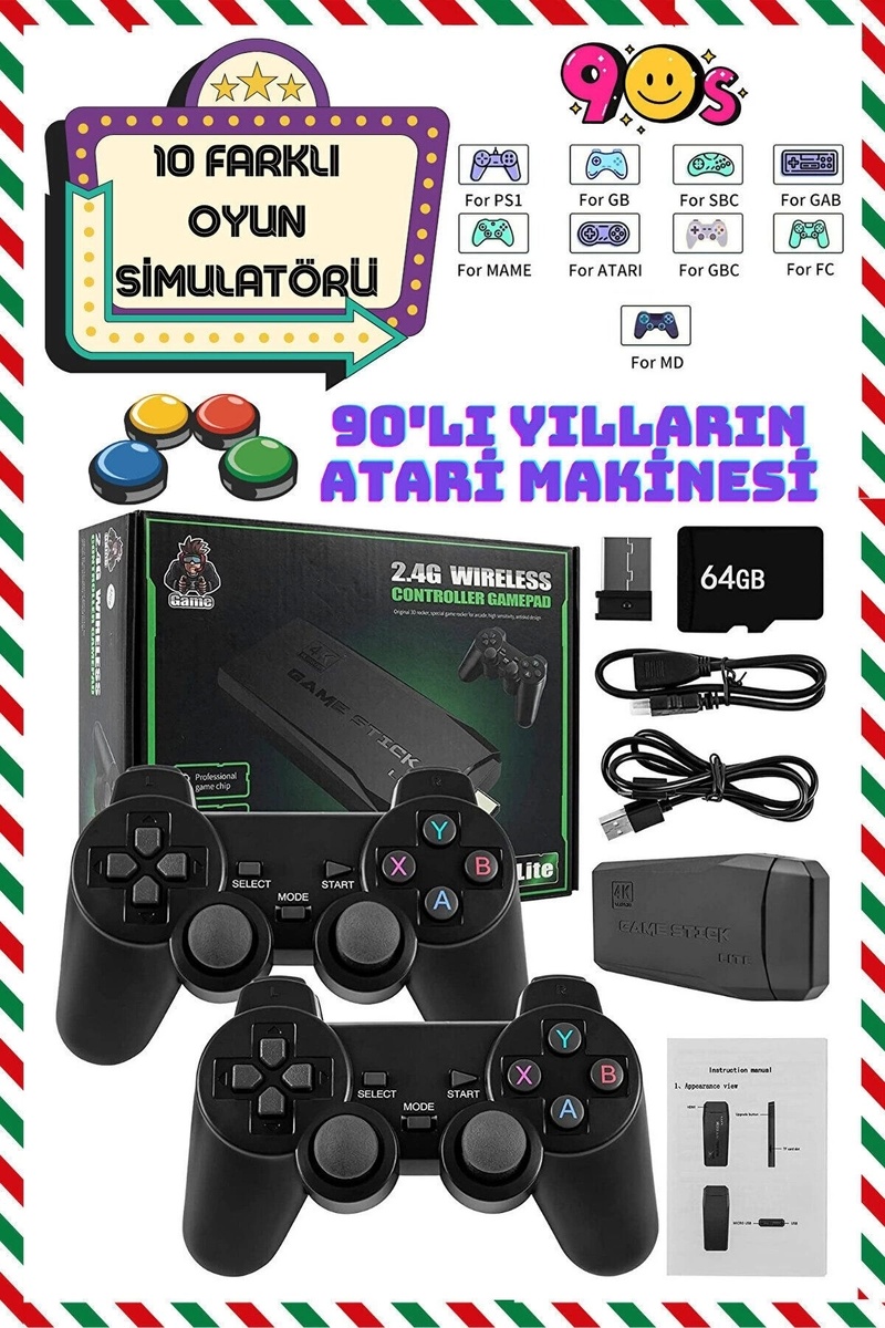 LaraThec 2.4g Kablosuz Çift Kol Retro Oyunlar 4k Game Stick 20000 Oyun Atari (İthalatçı Garantili)