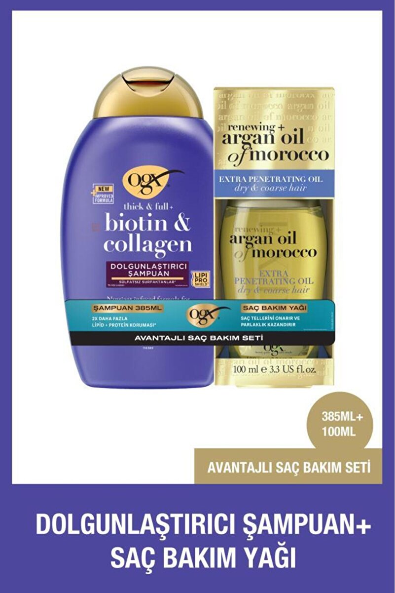 OGX Biotin & Kolajen Dolgunlaştırıcı Sülfatsız Şampuan 385 ml + Argan Oil Saç Bakım Yağı 100 ml