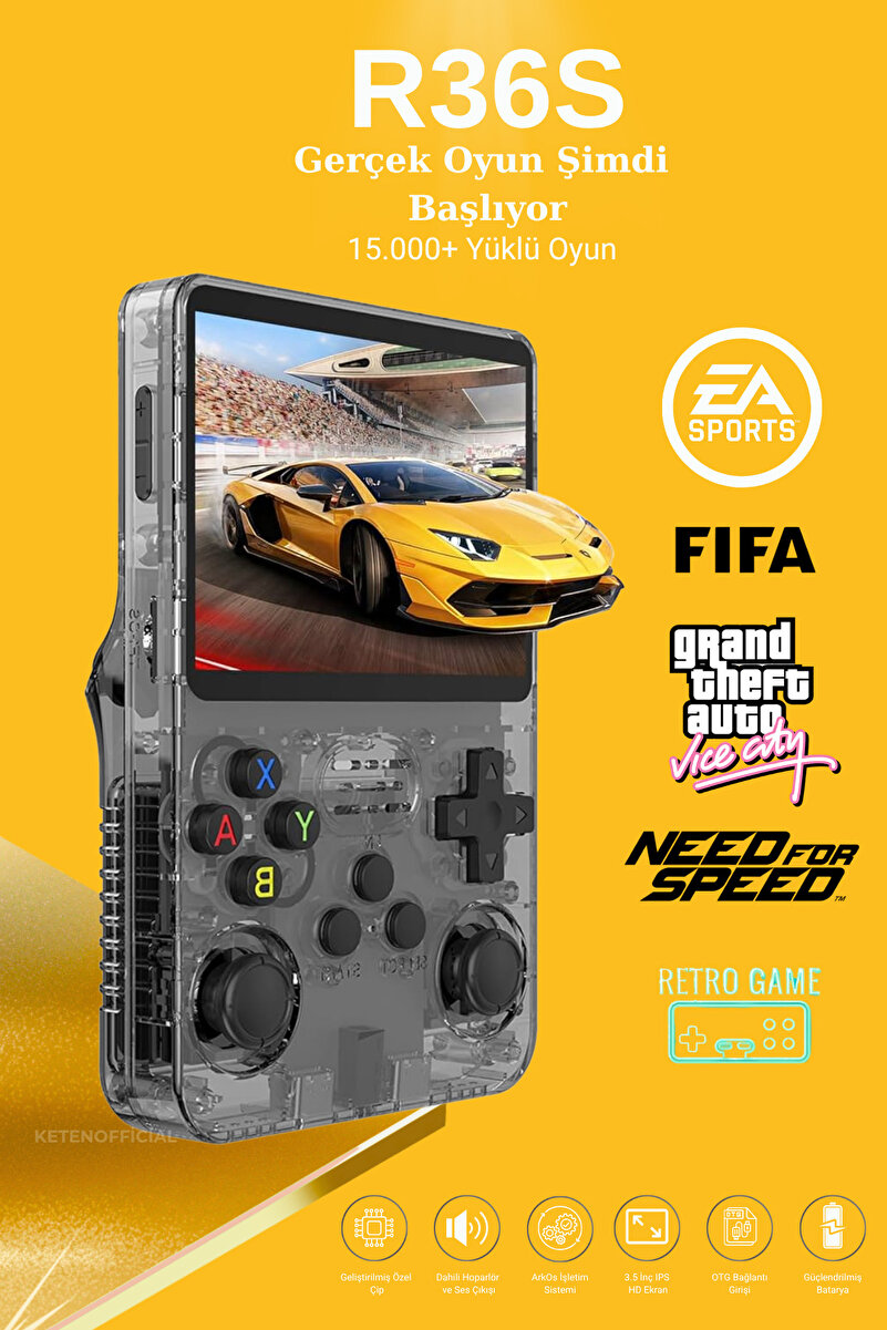 KETENOFFİCİAL R36S Retro Oyun Konsolu 15.000+ Konsol Oyunu Yeni Nesil El Atarisi 64 Gb Hd Ekran Siyah