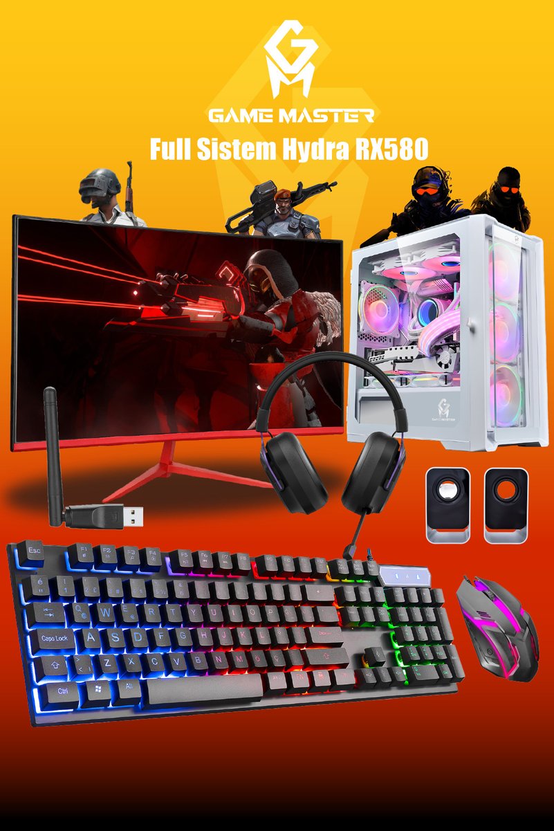 GM Game Master Full Sistem Set Hydra RX580 Ryzen 5 5500 16GB RAM 512GB M.2 RX580 8GB 27" 165hz Monitör Gaming Pc