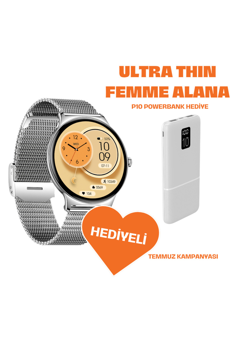 LOGIA Powerbank Hediyeli Ultra Thin Femme Akıllı Saat Yuvarlak Çelik Kasa Metal Kordon Gümüş