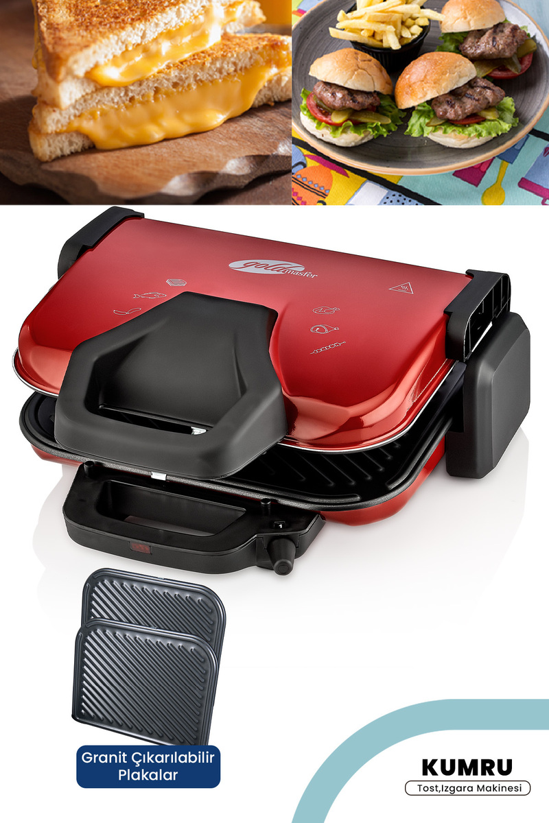 GOLDMASTER Kumru Kırmızı 1800 Watt Granit Çıkarılabilir Plakalı 5 Kademe Isı Ayarlı Tost Ve Izgara Makinesi