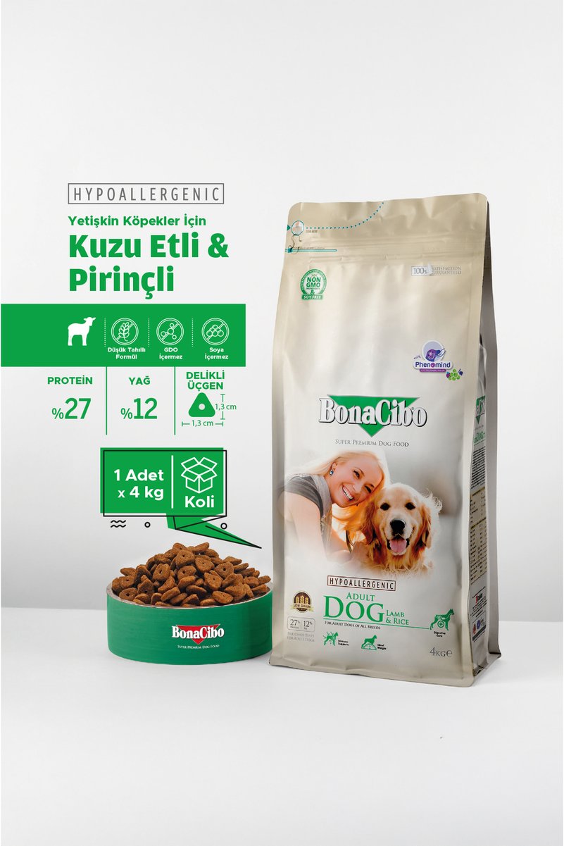 BonaCibo Adult Dog Kuzulu ve Pirinçli Yetişkin Köpek Maması, 4 Kg, Tüm Irklar İçin, Doğal, Şeker İçermez