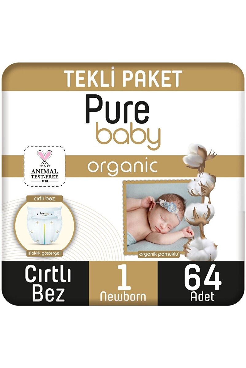 Pure Baby Organik Pamuklu Cırtlı Bez Tekli Paket 1 Numara Yenidogan 64 Adet