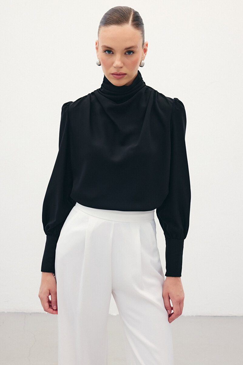 Drape Detaylı Bluz - Siyah