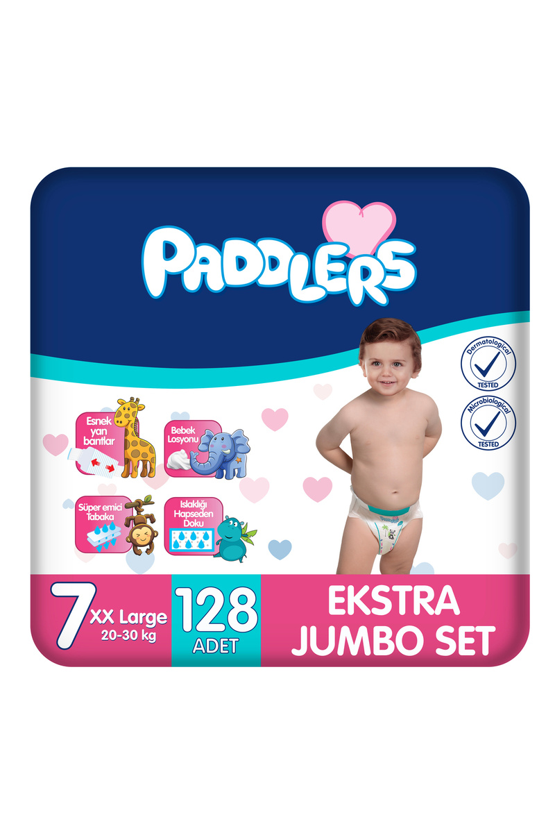 Paddlers Bebek Bezi 7 Numara XX-Large (20-30 Kg) 64x2 Adet – Ekstra Jumbo Set - Yüksek Emicilik