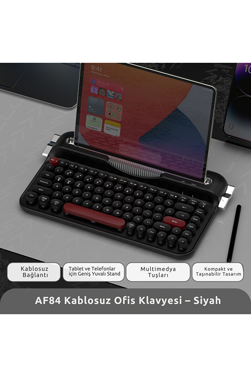 Ajazz AF-84 Daktilo Tarzı Kablosuz Klavye-Sessiz Tuş Yapısı-Çift Modlu Bağlantı- IOS/ANDROID Uyumlu