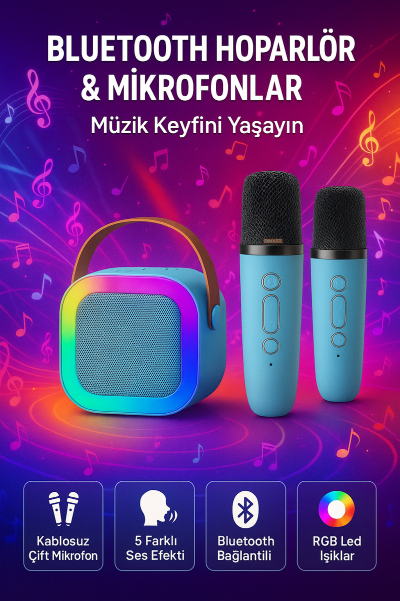 Omaze Mikrofonlu Karaoke Bluetooth Hoparlör Rgb Led Işıklı 5 Efektli Ses Bombası
