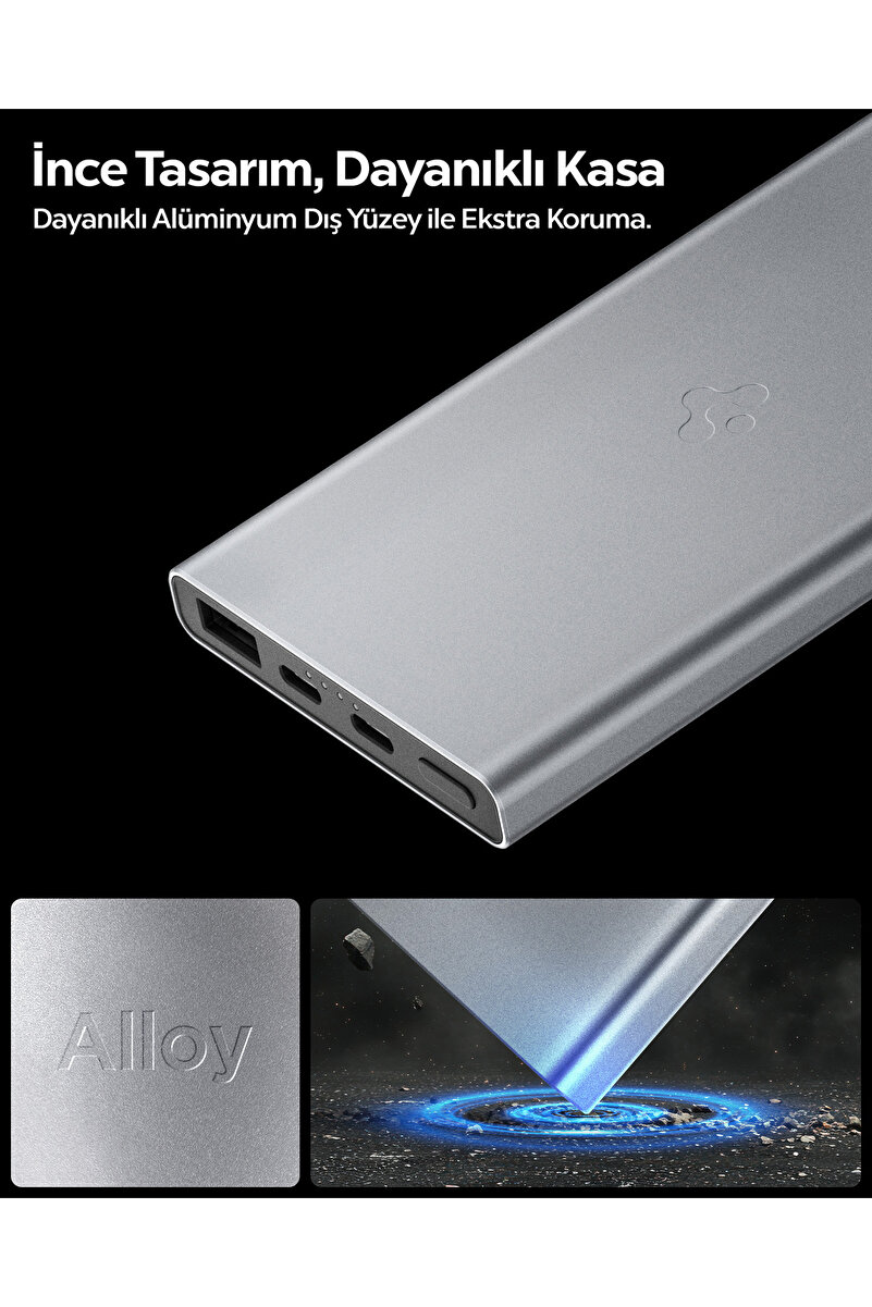 Spigen 10000 mAh Alüminyum 22.5W USB-C+USB-A Giriş/Çıkış Hızlı Şarj 3 Port Kablo+Çanta Powerbank - ABA09432