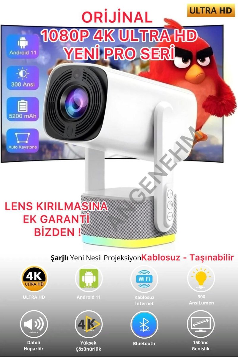 Angenehm Kablosuz YENİ PRO 1080P 4K ULTRA HD SonVersiyon Şarjlı Projeksiyon Android Wifi BT Sinema Projektör