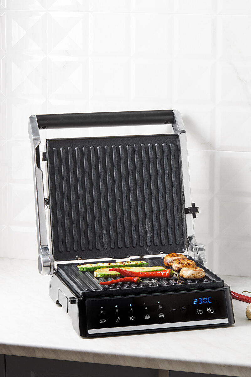 HOMEND Grilliant 1341h Inox Gövdeli, Döküm Plakalı, 5 Programlı, Led Ekranlı Tost Ve Izgara Makinesi