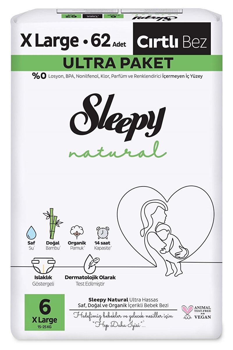 Sleepy Natural Bebek Bezi 6 No XL 15-25 kg 62 Adet - Ultra Paket Doğal İçerikli Bebek Bezi