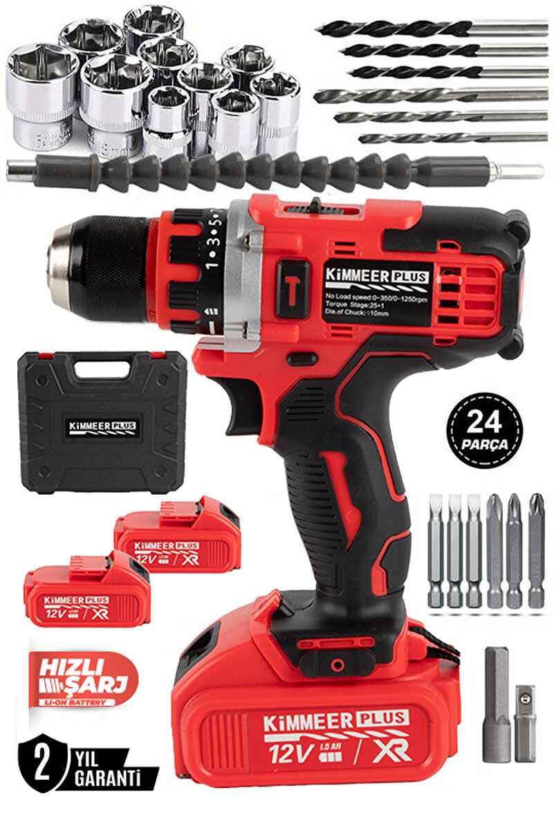 KİMMEER PLUS 12V Metal Şanzıman Şarjlı Matkap 24 Parça Akülü Vidalama Akülü Matkap Seti