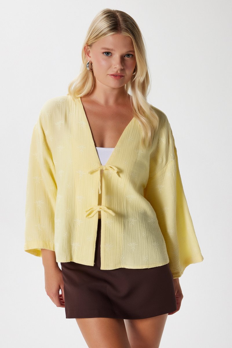 Kadin Flora Müslin Kabartma Dokulu Sarı Kimono
